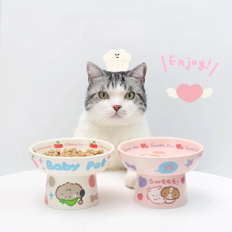Ceramic Bowl 2024 New Children\'s Fun High Foot Pink Yellow Water Bowl for Neck Protection Cats and Dogs Cat and Dog Universal