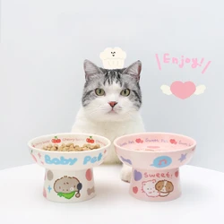 Ceramic Bowl 2024 New Children's Fun High Foot Pink Yellow Water Bowl for Neck Protection Cats and Dogs Cat and Dog Universal