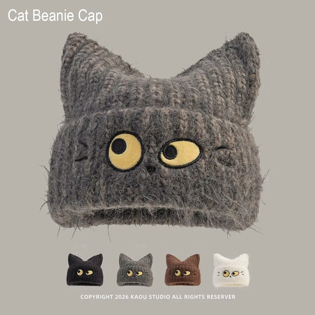 Cute Cat Ear Fluffy Knit Beanie Hat Women Winter Soft Plush Warm Cartoon Face Embroidered Skull Cap Casual Streetwear Cold Hat