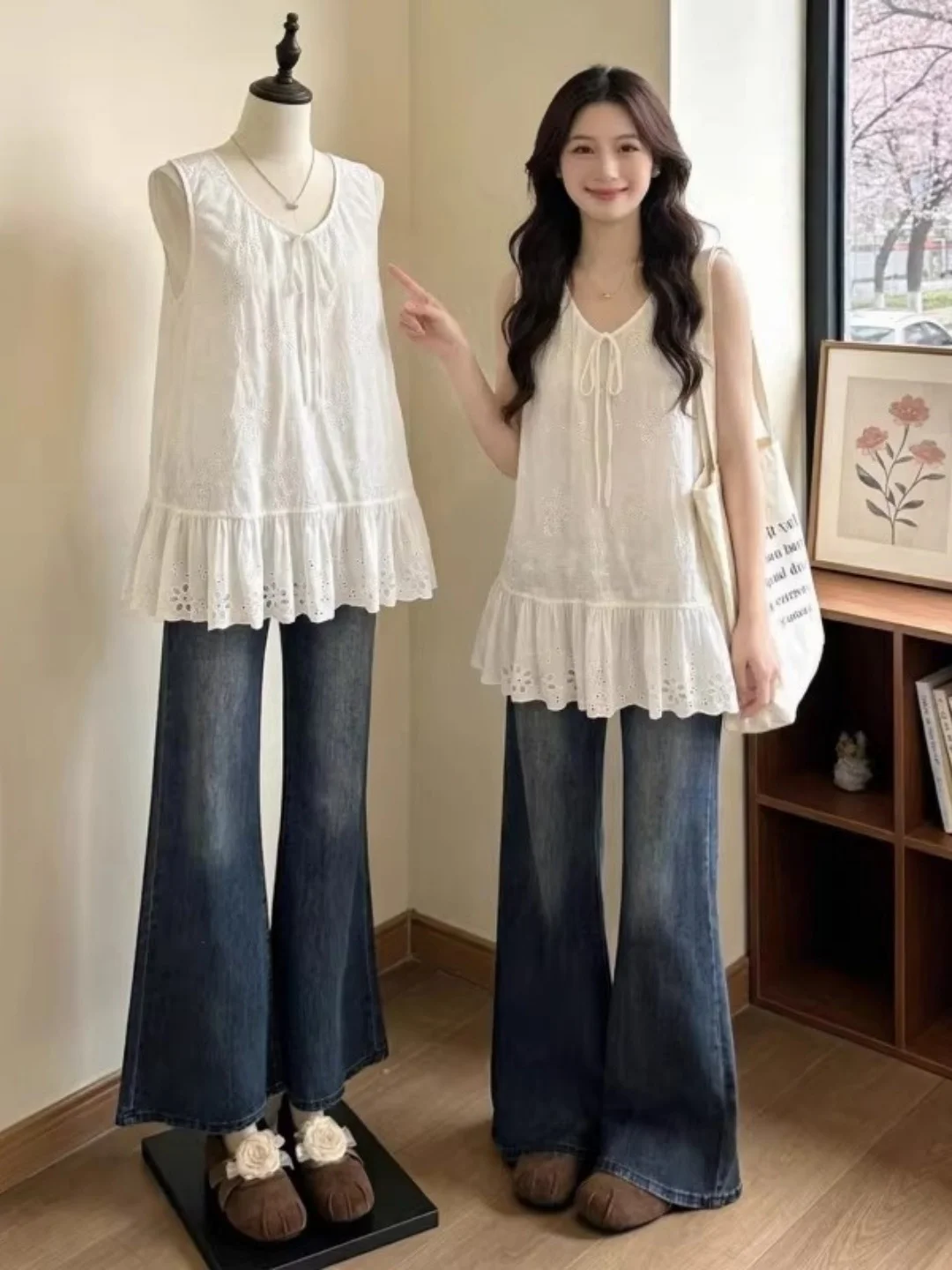 French Style Sleeveless Vest with Lace Hem 300 Pounds Belt Design Ageless Versatile Extra Large Size Top Women's T-shirt