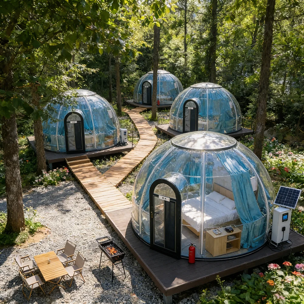 Crystal Star Dome Bubble Tent Outdoor Glamping Pod with Self Inflatable Floor 4m 6m Diameter for Beach Glamping Music Festival