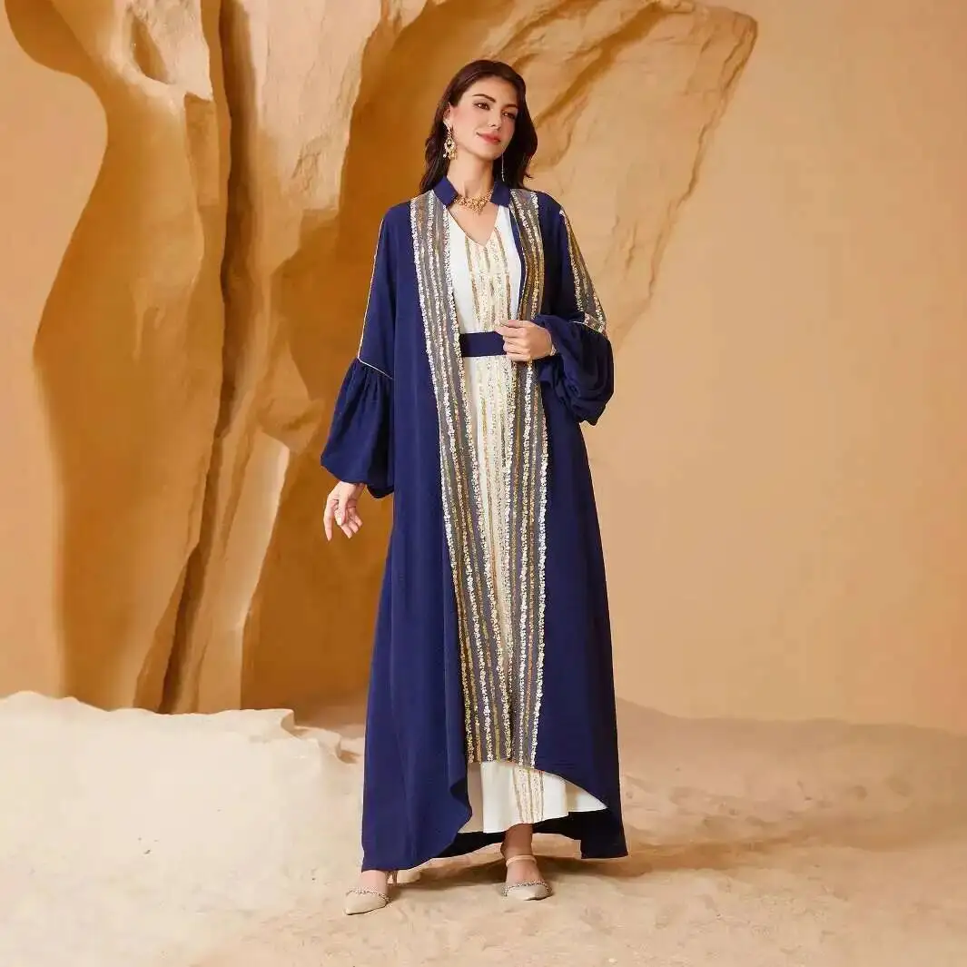 

Nc35 Kuwait Sequin Embroidered Robe Muslim Fashion Women's Two-piece Set Puff Sleeve Dress Ramadan Dubai Luxury Islam Elegant