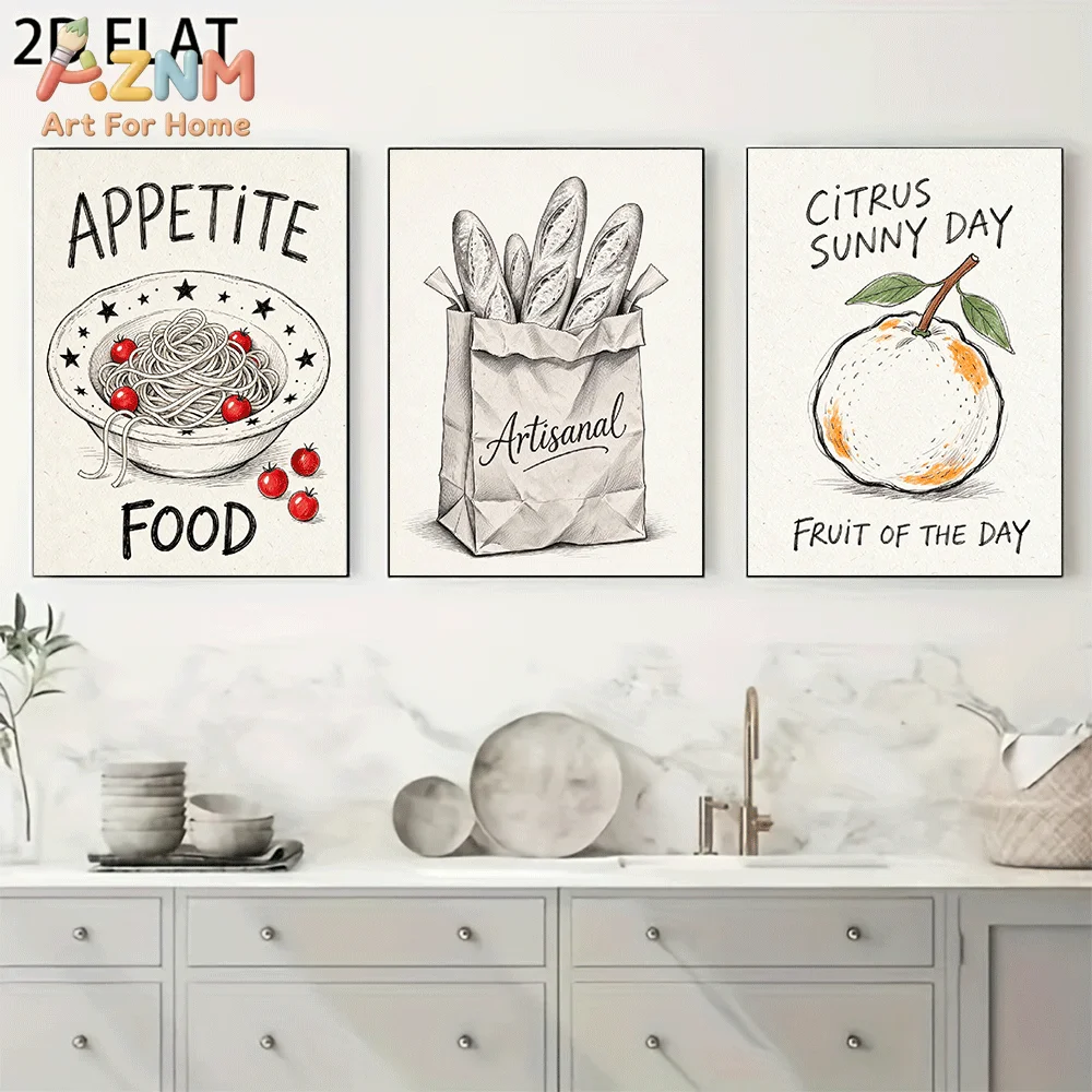 AZNM Frameless Canvas Wall Art, Sketch Spaghetti Baguette Orange Food Print, Vintage Kitchen Themed Wall Decor for Dining Room H