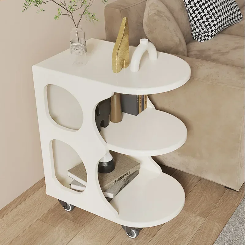 Nordic High Appearance Mobile Wheeled Coffee Table Cream Style Hollowed Out Sofa Side Cabinet Three Layer Storage Trolley