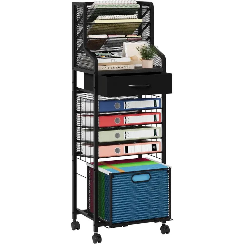 

10-Tier Mesh Paper Organizer Cart with Hanging Files and Lockable Wheels for Home, Studio, School Storage - Black