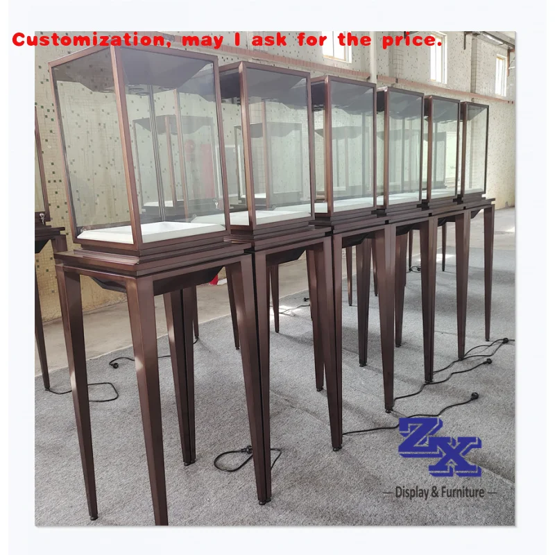 

на заказ. Высококачественная стеклянная витрина для ювелирных изделий из матовой нержавеющей стали с PVD-покрытием, фурнитура для ювелирного магазина