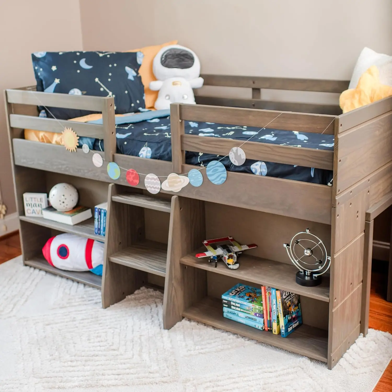 

Modern Farmhouse Low Loft Bed, Twin Bed Frame For Kids With 2 Bookcases, Driftwood