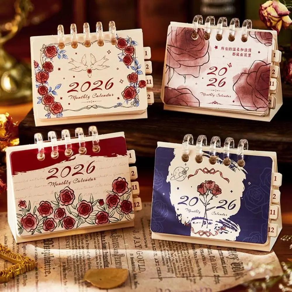 

New Mini 2026 Rose Desk Calendar Cartoon Portable Coil Calendar Schedule Mark Daily Planner Office Desk Accessories