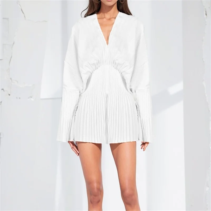 

Fashionable Deep-V Neck Pleated Women's Shirt Girdling High Waist Blouse Gergeous Pure White Overshirt Long Sleeve New Arrival