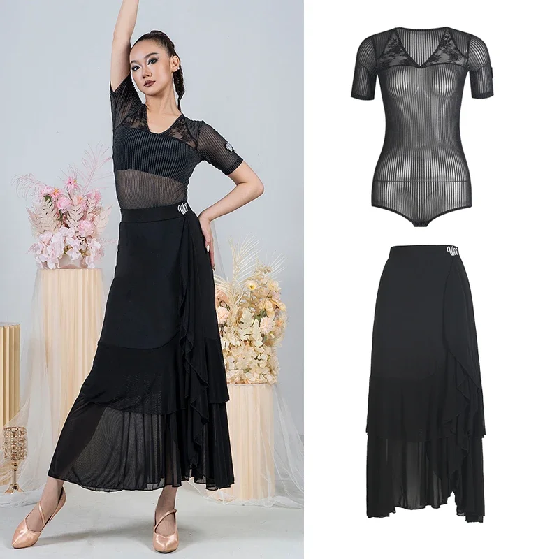 

Adults National Standard Ballroom Dance Competition Costumes Women Latin Dance Clothing Mesh Latin Top Modern Dance Skirt 12976