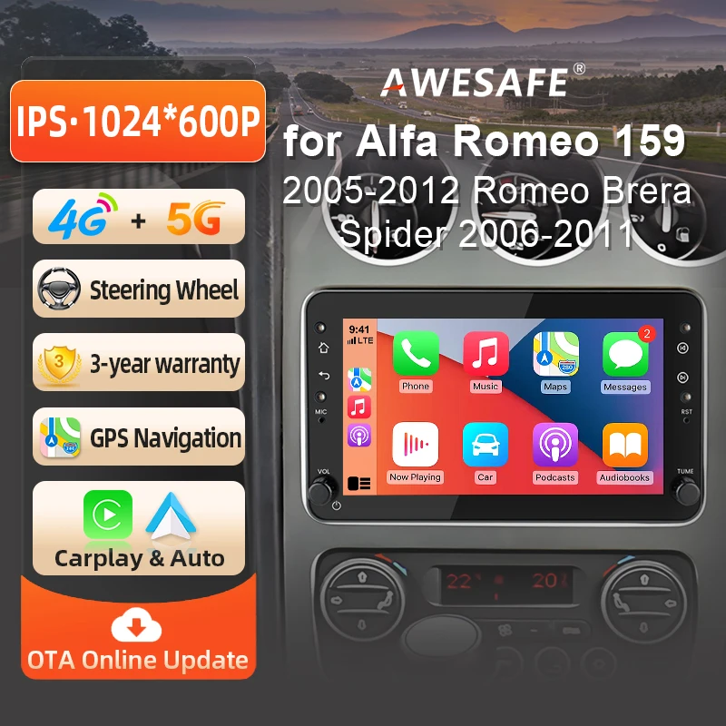 Image of AWESAFE Kabelloses CarPlay Autoradio für Alfa Romeo 159 2005-2012, für Romeo Brera Spider 2006-2011 mit Android Auto GPS-Navigation Smart-System RDS DSP FM