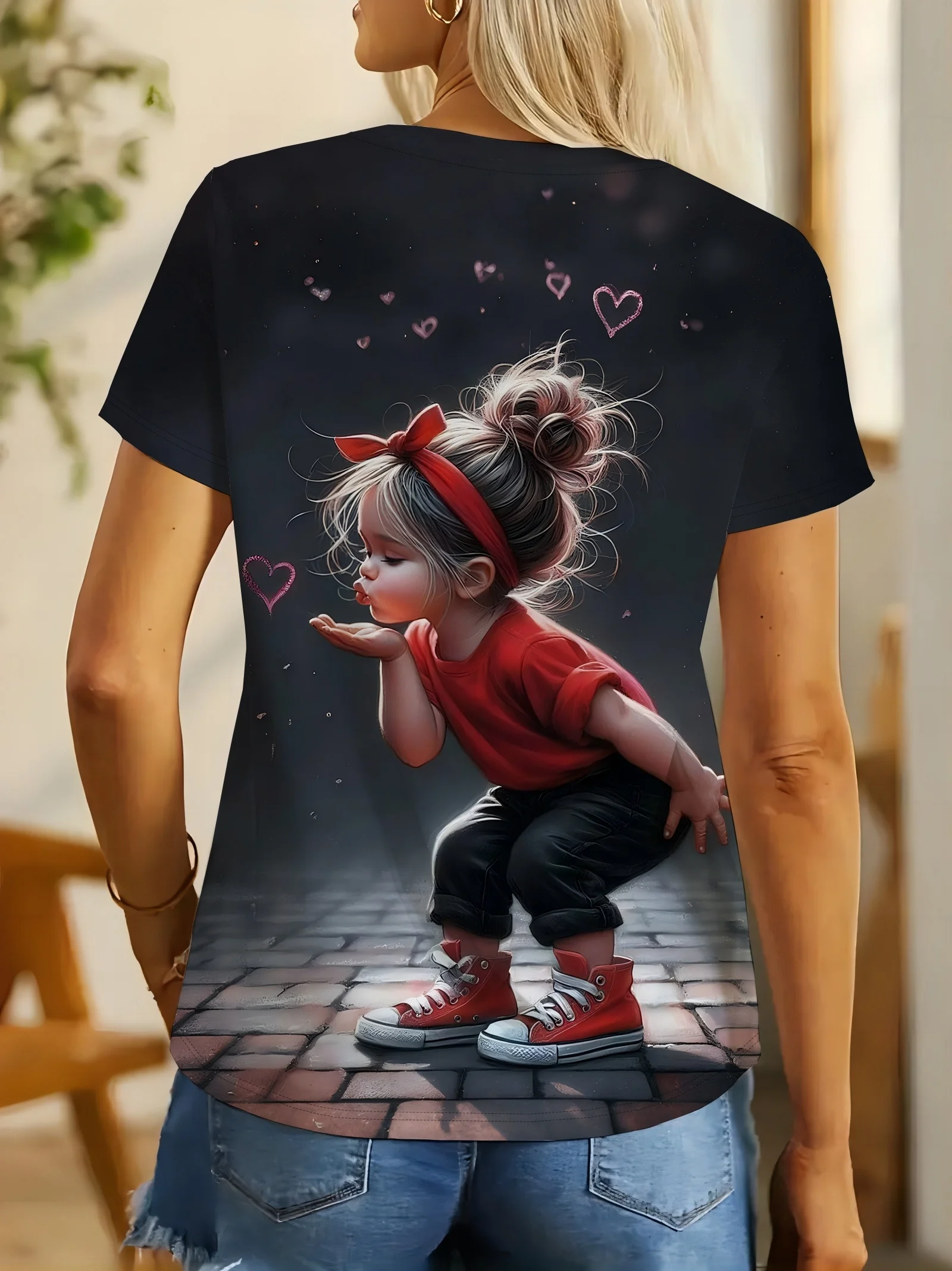 Women Crew Neck Short Sleeve T‑Shirt, Cute Little Girl Blowing Kiss Heart Art Portrait Graphic Casual Tee
