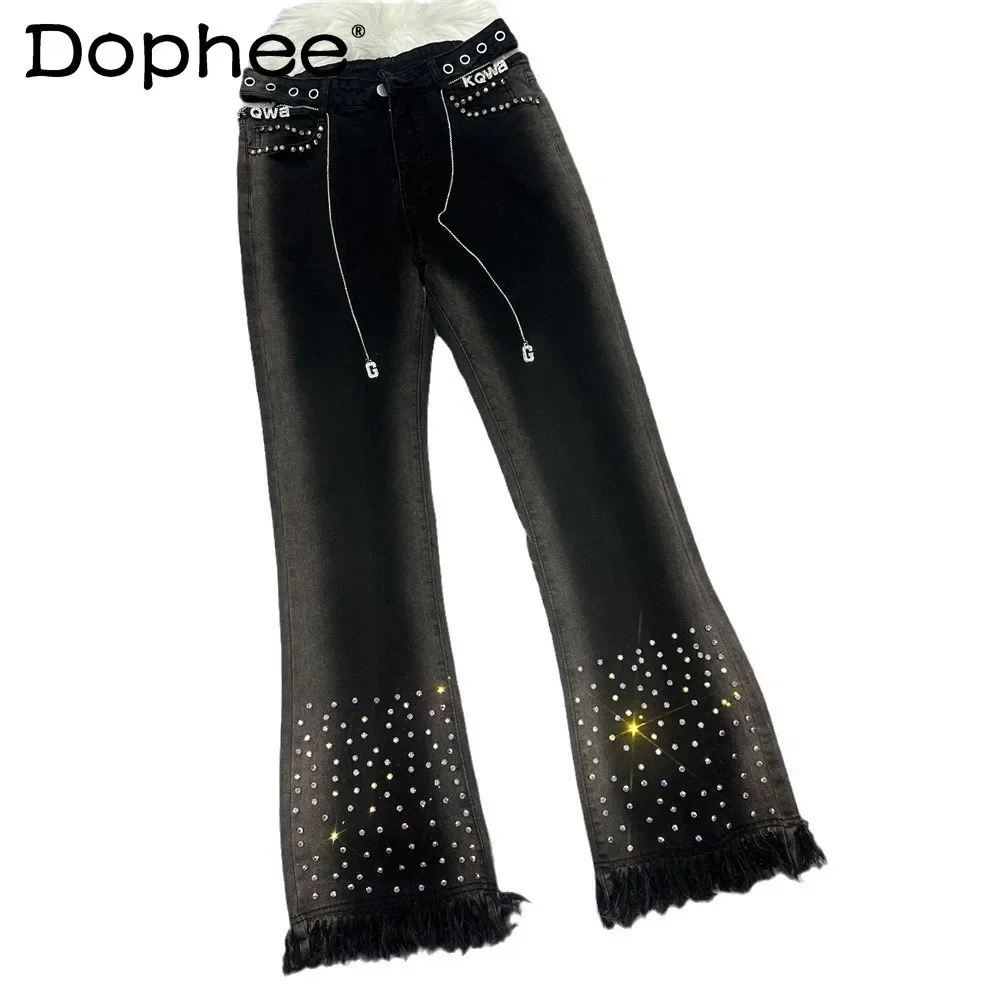 

Premium Diamond-encrusted Micro-elastic Jeans Women 2024 Autumn New High Waist Black Flared Pants Retro Rough Edge Mopping Pants