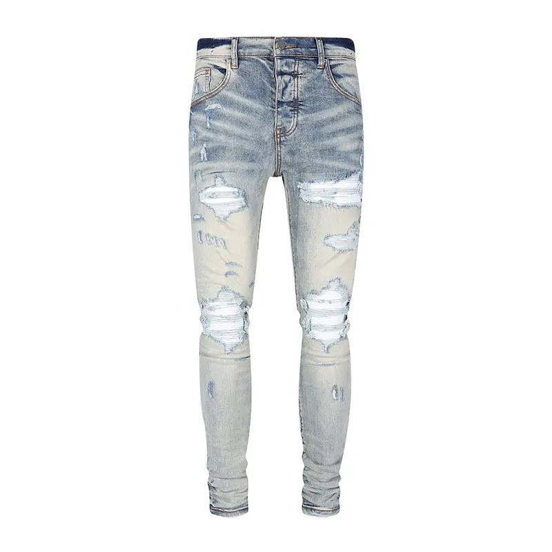 Fashionable new men's jeans, washed with water, nostalgic stretch, slim fit, perforated white patch, retro light blue jeans, hip