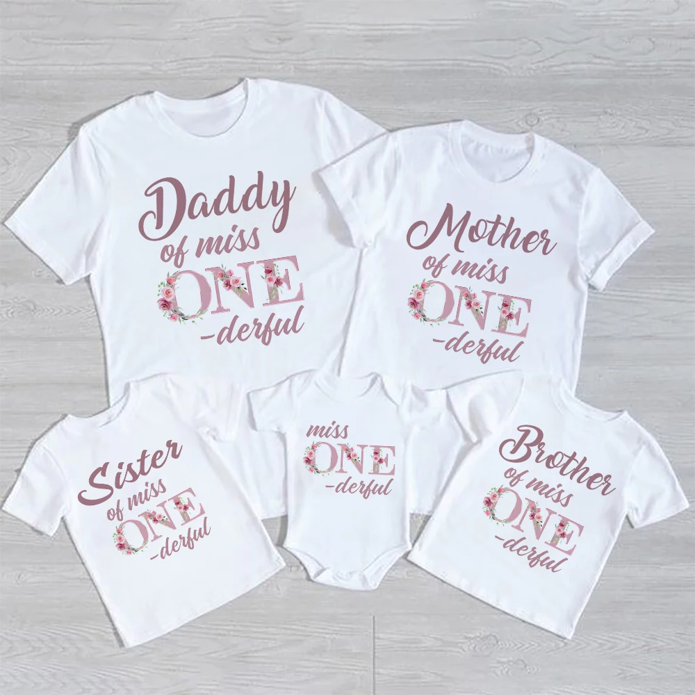 Rose Gold Miss on-derful Birthday Family Matching Shirt 1st Birthday Girl Outfit Mom Dad Brother Sister T-shirt Tops Baby Romper