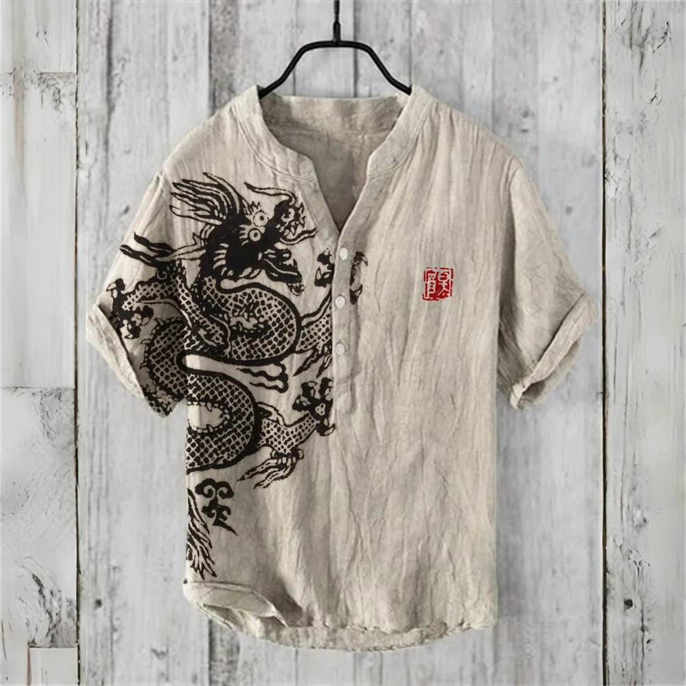 Men's short-sleeved POLO shirt imitation linen POLO shirt printed Chinese retro dragon ukiyo-e painted Hawaiian casual clothing