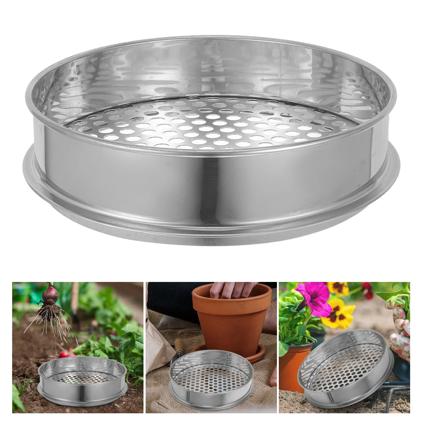 

Stainless Steel Sieve Garden Mesh Sifter Round Pan Multi-Function Lightweight Manual Sifting Tool For Soil Rocks Sand