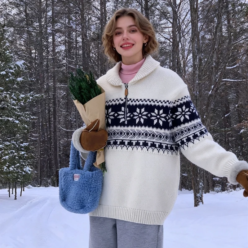 

NEW winter Gentle Touch Sweater retro knitted cardigan chic jacquard zipper knitted Cozy Relaxed Fit Korean Sweater