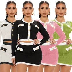 Crop Top Two Piece Skirt Sets 2022 Women Winter Clothing Elegant Luxury Vintage Outfit Sexy Club Party 2 Pieces Set Mini Dress