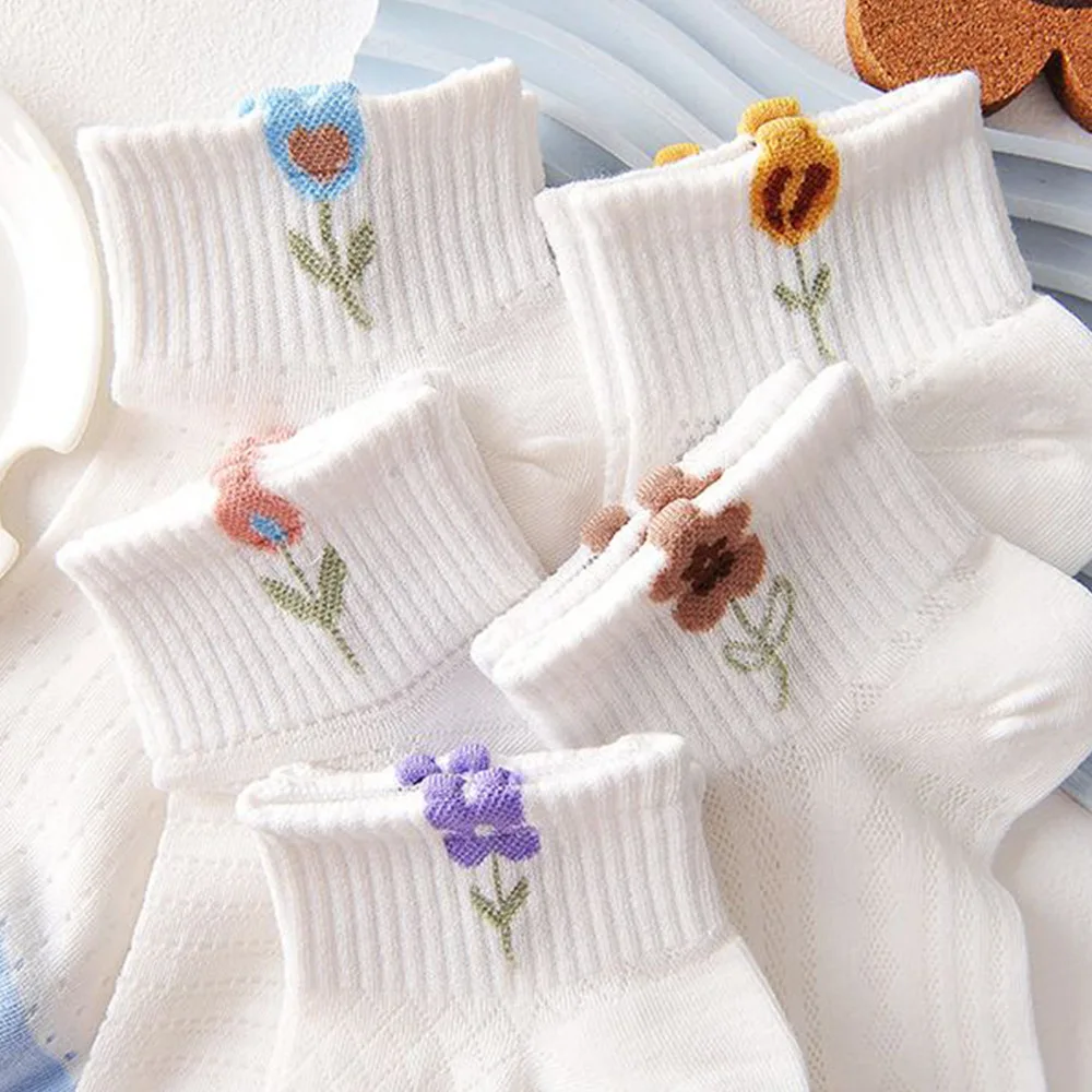 5/10 Pairs Women Flower Patterned Knitted Short Socks Summer Lightweight Sweat absorption Breathable Sweet Style Casual Socks ﻿﻿