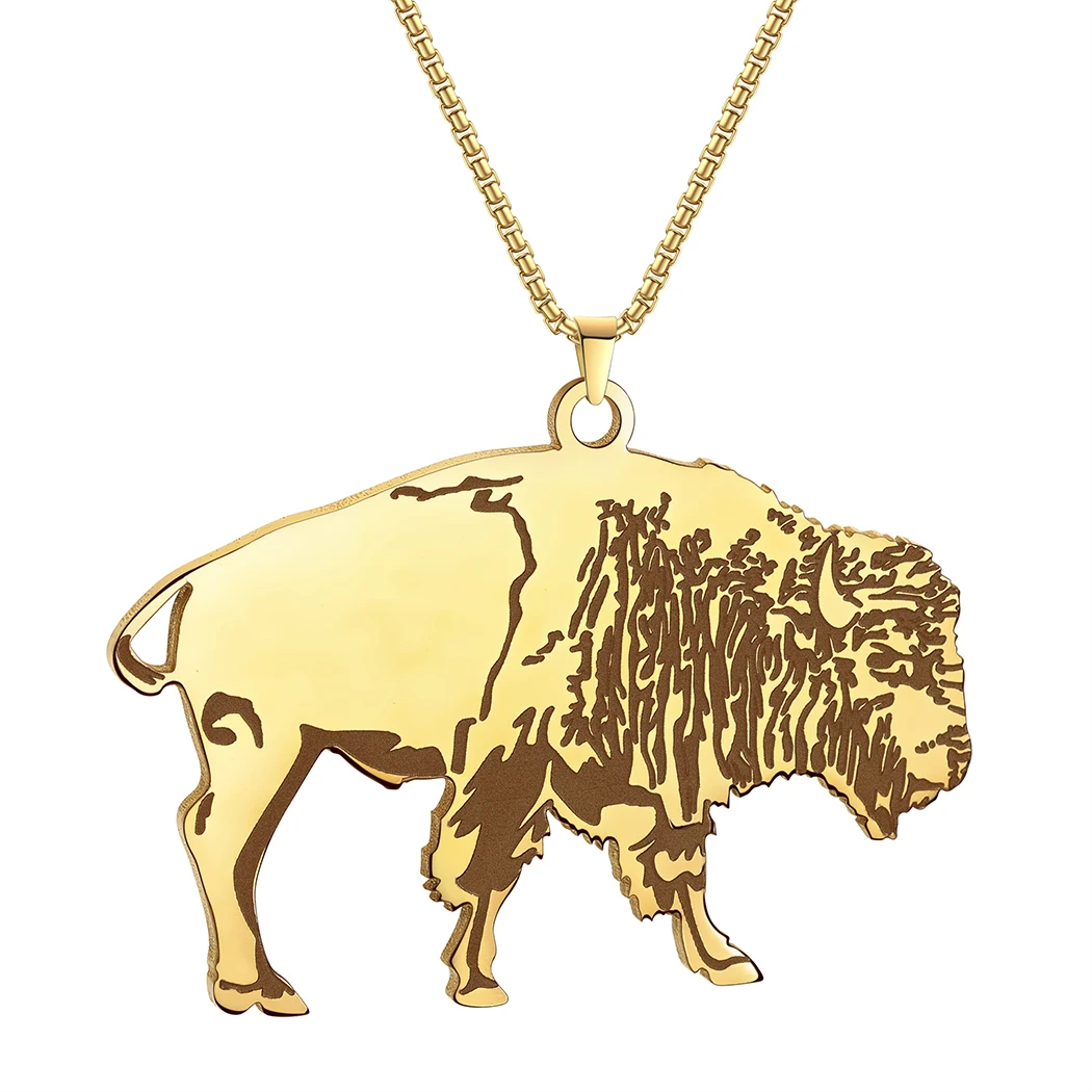 QIAMNI Great Plains Giant Bison Bull Necklace Pendant Buffalo Cattle American Western Animal Chain Choker Collar Women Jewelry