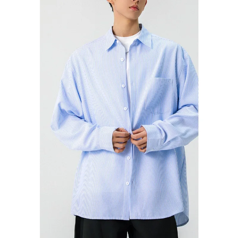 Men Casual Loose Striped Long Sleeve Shirt Windproof Turn Down Collar Streetwear Button Up Blouse For Daily Wear