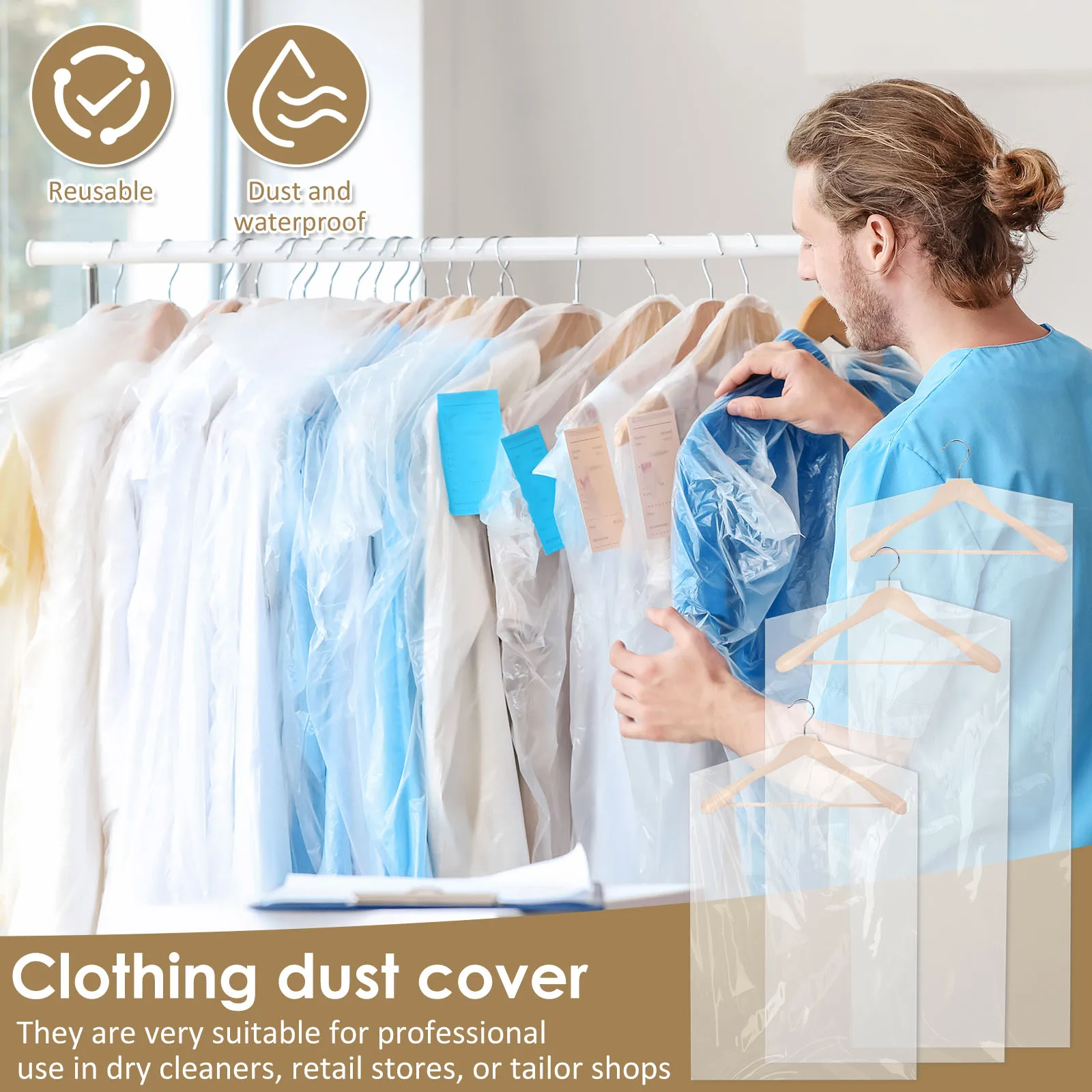 50/60/70 Pcs Clear Garment Dust Bags Plastic Clothes Hanging Protector Bags Waterproof Dry Cleaning Bags for Dry Cleaner Storage