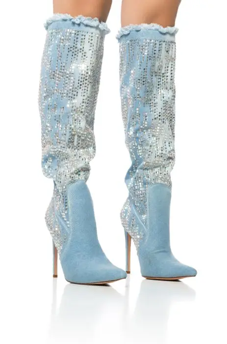 Light Blue Denim Knee High Boots Women Jeans Crystal Rhinestone Thin Heels Long Botas Small Hole Vintage Pointy Toe Drill Boots