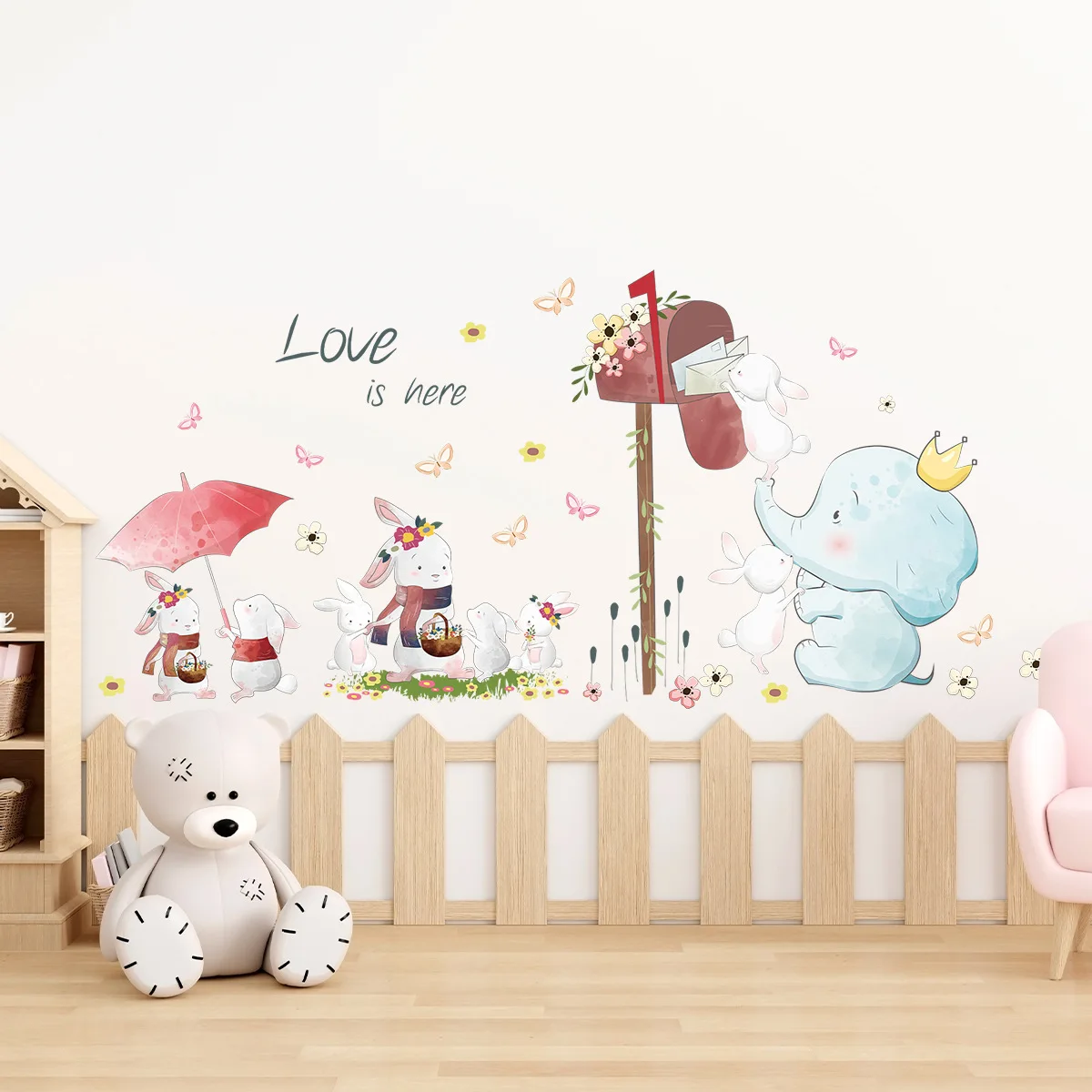 Cartoon Cute Rabbits Elephant Recieve Email Wall Stickers Lovely Bunny Decals for Kids Room Baby Bedroom Nursery Wall Decoration