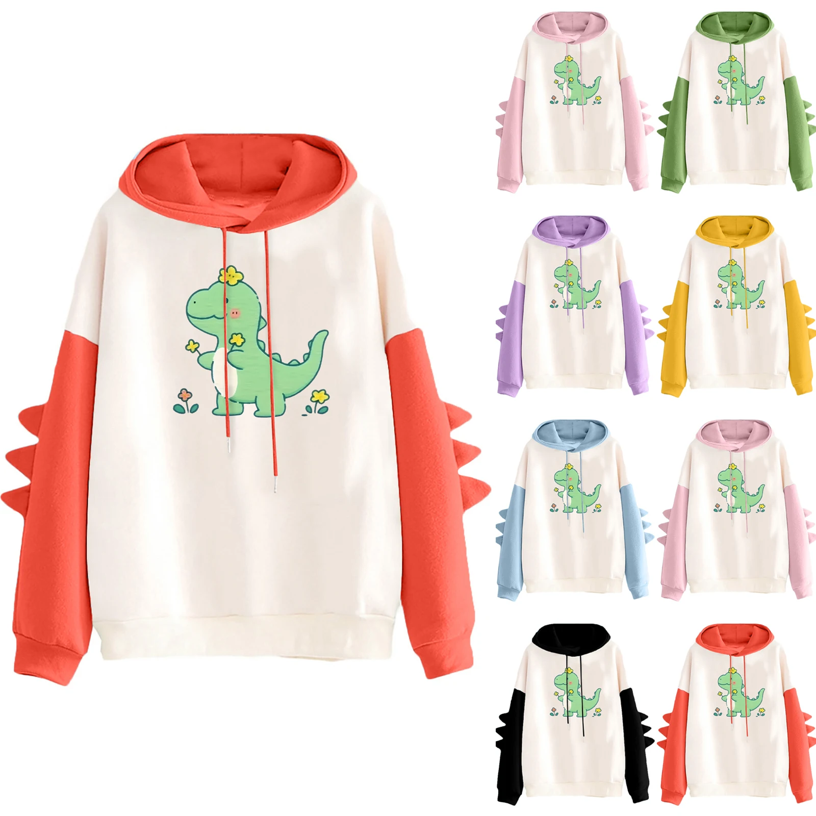 ديناصور هوديي المرأة الكرتون لطيف طباعة Kawaii الكرتون الملابس حجم كبير البلوز Harajuku الإناث الخريف الدافئة الشارع الشهير