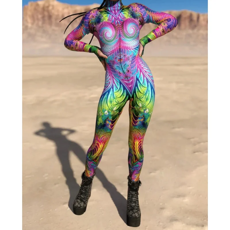 Colorful 3D Printing CyberPunk Rainbow Jumpsuit Halloween Holiday Party Cosplay Costume Elastic Bodysuits Rompers Women Zentai