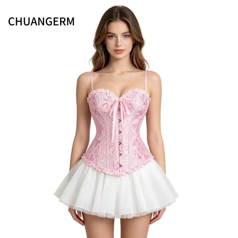 CHAUNGERM Women Corset Top Jacquard Overbust Bustier Victorian Sexy Lace up Floral Lingerie Korset Vintage Gothic Basques Costum view 2