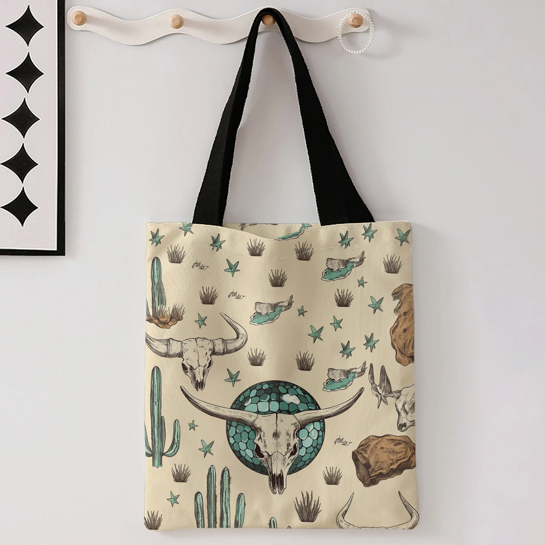 Western Desert Print Tote Bag With Black Handles Large Shoulder Handbag For Shopping Daily Use