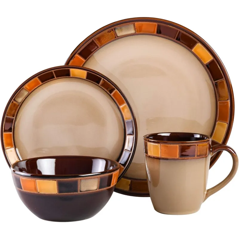 16-piece Dinnerware Set Service for 4, Beige and Brown