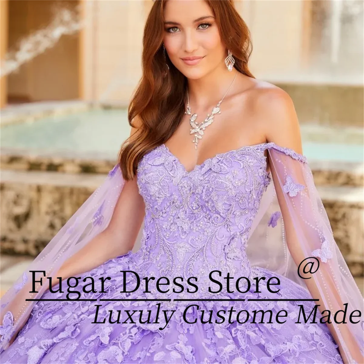 2024 Lavender Butterfly Flowers Quinceanera Dresses With Detached Cape Ball Gown Appliques Lace Crystal Vestidos De 15 Anos