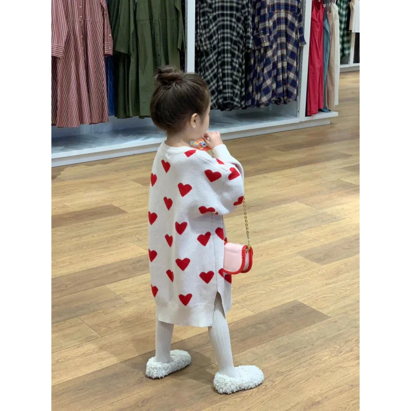 2024Spring and Autumn Girls Sweet Cute Red Heart Knitted Wool Slit Hemline at Hem Long Pullover Dress Sweater