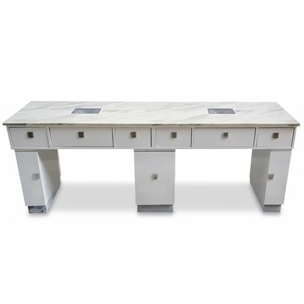 Double Marble Nail Table, E1 MDF Manicure Table with Dust Collector, Tempered Glass Custom Salon Furniture Set with Chairs