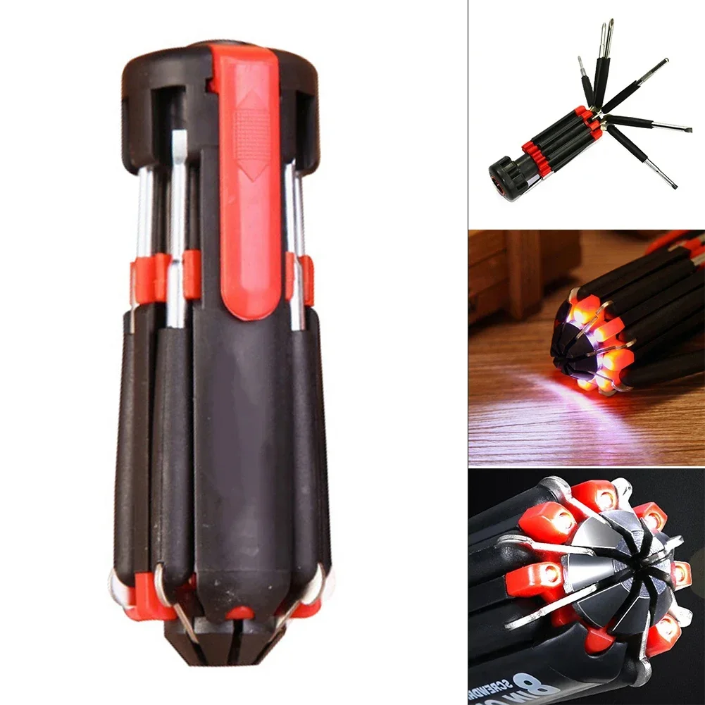 1Pc Screwdriver 8in1 Cross Driver Bits W/ LED Torch Flashlight Folding Multitool Repairing Tool Manual Tool