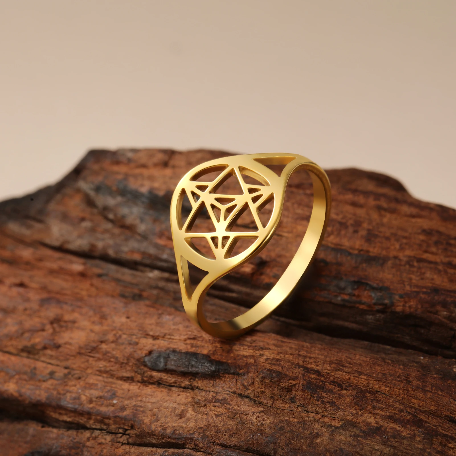 Skyrim Merkaba Star Sacred Geometry Ring Women Stainless Steel Gold Color Finger Rings Wedding Band Meditation Jewelry Wholesale