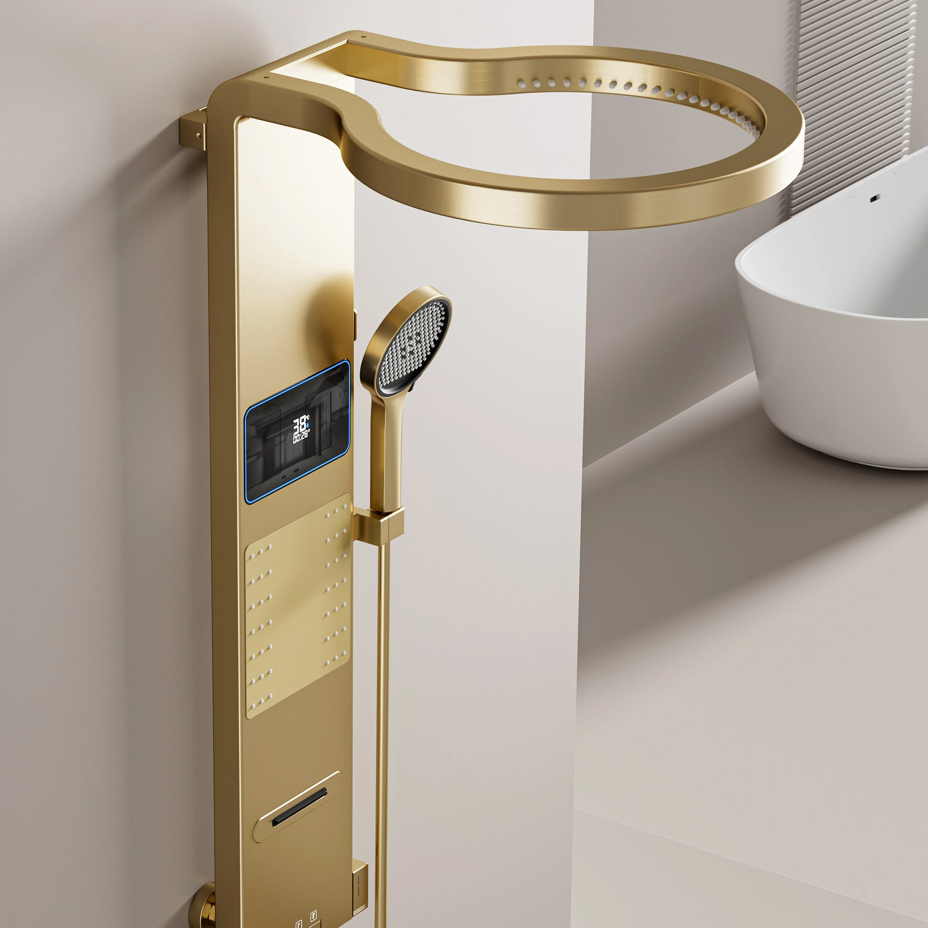 

Новая многофункциональная душевая система Booming Gold с эффектом тропического дождя, горячей и холодной водой, светодиодной подсветкой и панелью управления для ванной комнаты