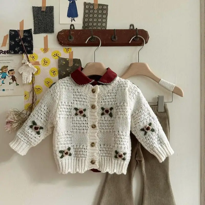 2026 Spring New Baby Long Sleeve Sweater Coat Girls Cute Flower Knitted Cardigan Cotton Boys Casual Jacket Toddler Clothes