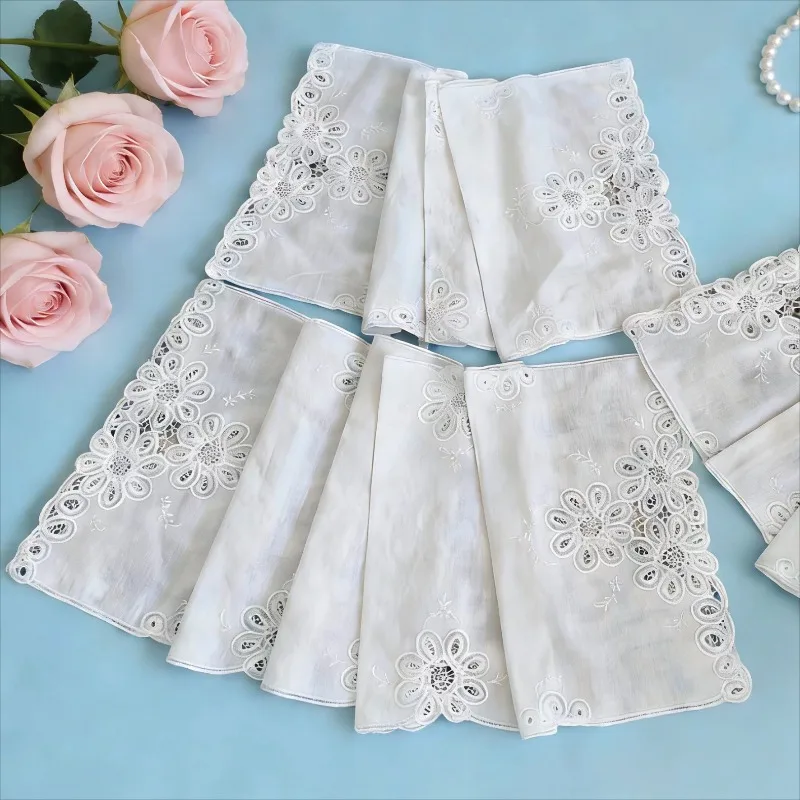 1PC White 100% Linen Handmade Lace Table Runner Batten Lace Table Runner Handkerchief