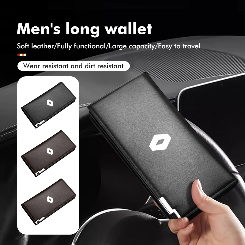 Man Leather Wallet Long Car Logo Drivers Licence Card Holder For Renaul Clio Captur Sparco Megane Sandero Grand Sill Guard