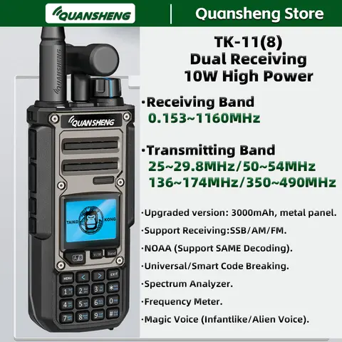 Quansheng TK11 8 Walkie Talkie Two Way Radio Portable Long Range 10W Transceiver Ham Amateur CB Shortwave Receiver AM FM NOAA