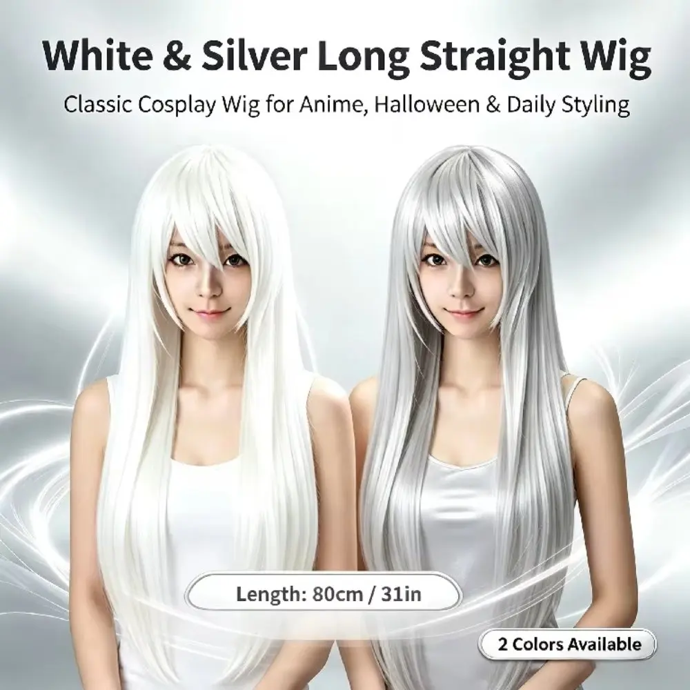 Hot-selling 80cm/31in Synthetic Sliver White Long Wig for Anime Cosplay Halloween Costume Party Straight Whitish Wig With Bangs