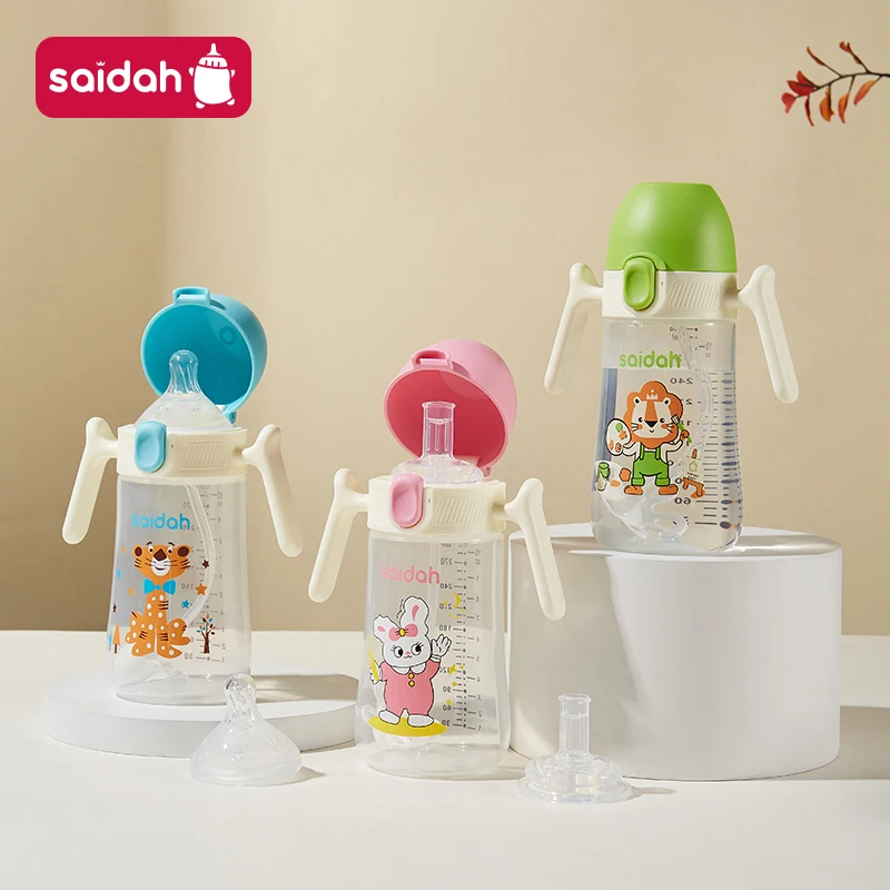 10oz Clamshell Baby Feeding Bottle Silicone Straw Spill-Proof Leak-Resistant Toddler Training Drinking Water Sippy Cup