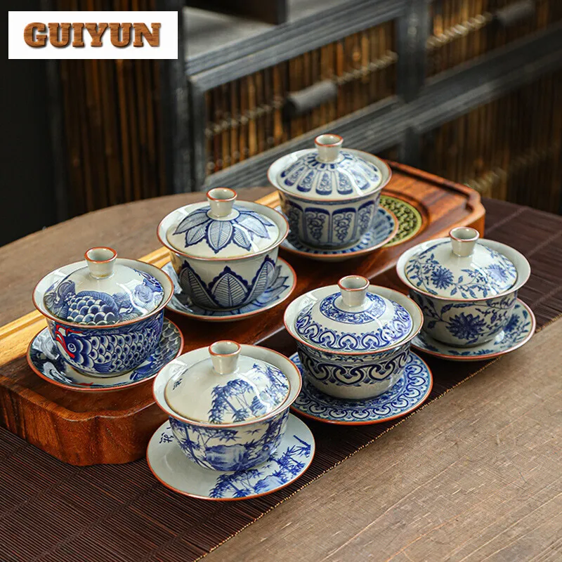 

170 мл антикварная сине-белая крышка ручной работы чаша для дома анти ожоги Gaiwan Ретро чай Tureen чайное приготовление китайский подарок