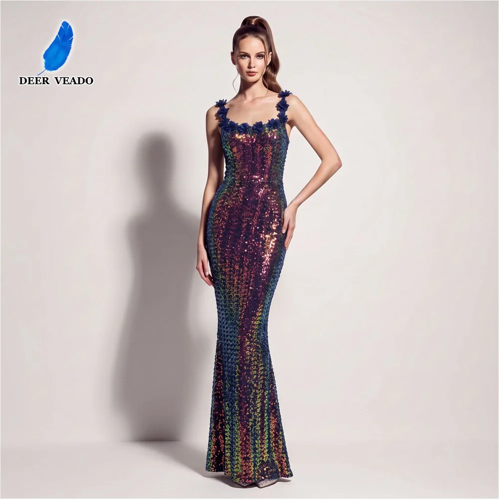 DEERVEADO Women's Chic Shinning Evening Dress Mermaid Strap Sequined Prom Party Maxi Dresses Formal Gowns for Special Occasion