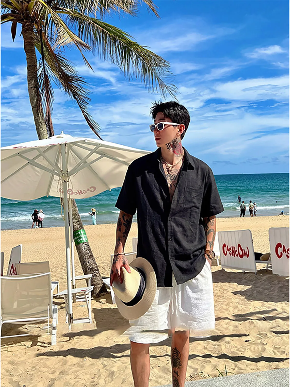 Brown Flaxlike Casual Shirt Men's Summer Short Sleeve Turn-down Collar Breathable Sun Protection Holiday Beach Leisure Shirt