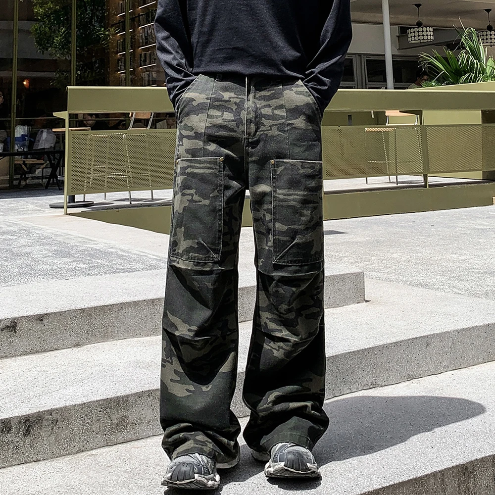 

Men's Cargo Denim Pants with Multi-Pocket Casual Outdoor Washed Camouflage Workwear Pants Loose Sport Micro-flare Jeans Trousers